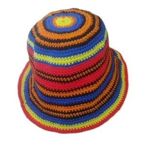 Boho Hippie Crochet Rainbow Striped Bucket Hat Adult One Size Handmade Festival